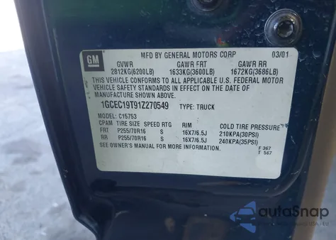 2001 Chevrolet Silverado 1500 Ls z USA, uszkodzony, nr VIN 1GCEC19T91Z270549